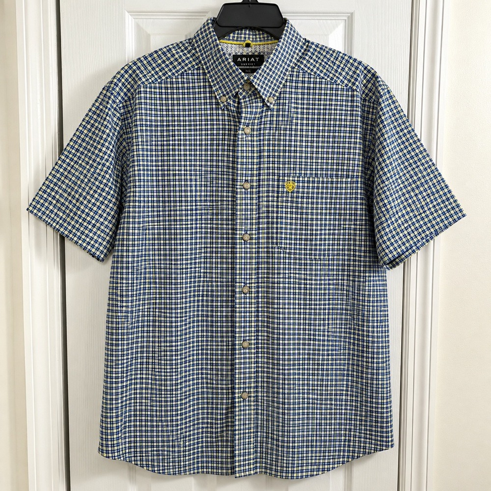Ariat Pro Series Shirt Mens XL Blue Yellow Plaid Stretch Western Short Sleeve